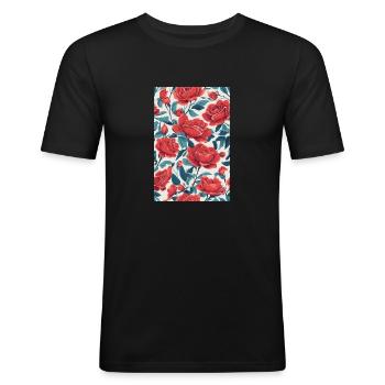 Rote Blumen mit grünen Blättern - Männer Slim Fit T-Shirt - Schwarz - Vorne - Nik (191cm)