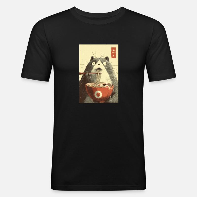 Schockierte Katze isst Ramen - Männer Slim Fit T-Shirt - Schwarz