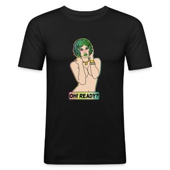 EROTIC POP-ART SEXY COMIC GIRL OH! READY? - Men's Slim Fit T-Shirt - black - Front - Nik (191cm)