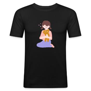 Katze sitzt in menschlicher Handfläche2 - Männer Slim Fit T-Shirt - Schwarz - Vorne - Nik (191cm)