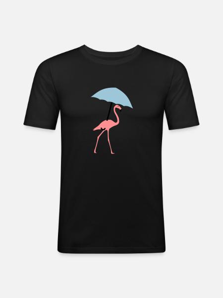 Flamingo mit Regenschirm oder Sonnenschirm - Männer Slim Fit T-Shirt - Schwarz