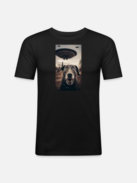 Alien UFO Funny Dog Meme Selfie - Men's Slim Fit T-Shirt - black