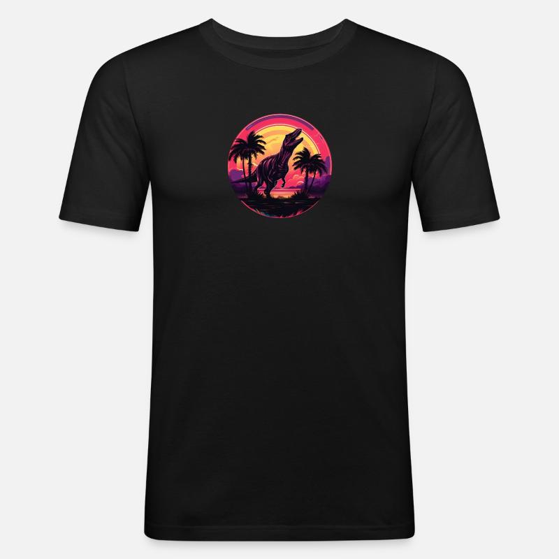 Synthwave T-Rex - Männer Slim Fit T-Shirt - Schwarz