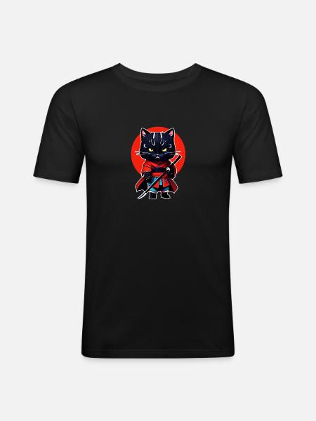 Samurai-Katze - Männer Slim Fit T-Shirt - Schwarz