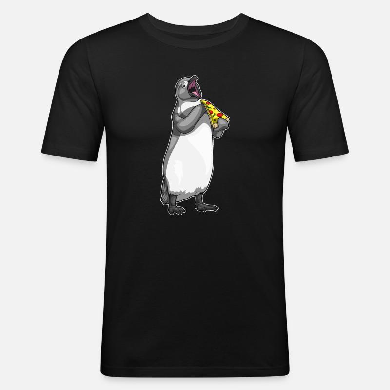 Pinguin Pizza - Männer Slim Fit T-Shirt - Schwarz