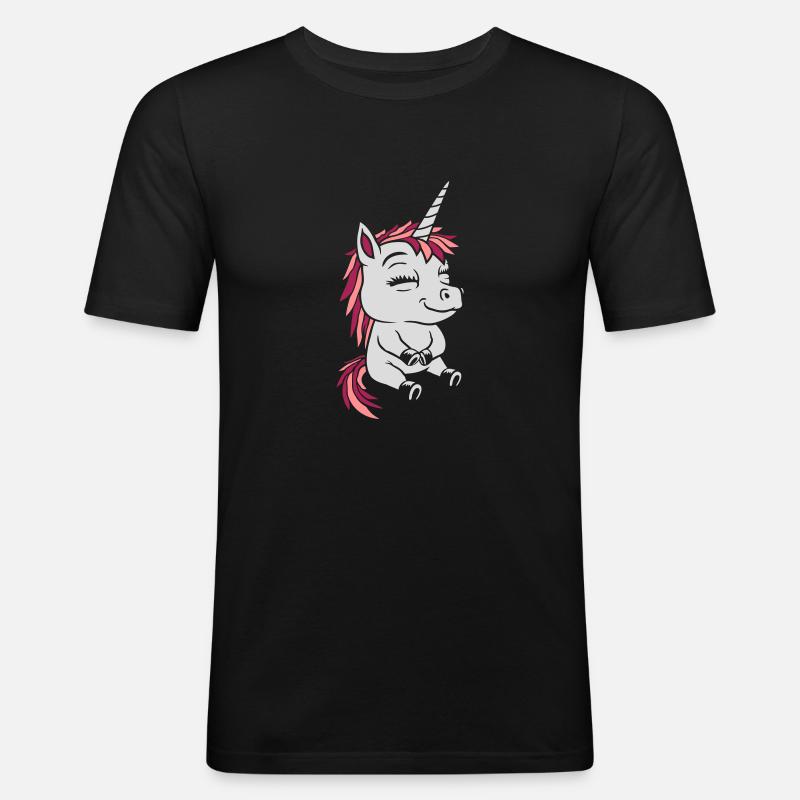 Comic kleines sitzendes Einhorn - Männer Slim Fit T-Shirt - Schwarz