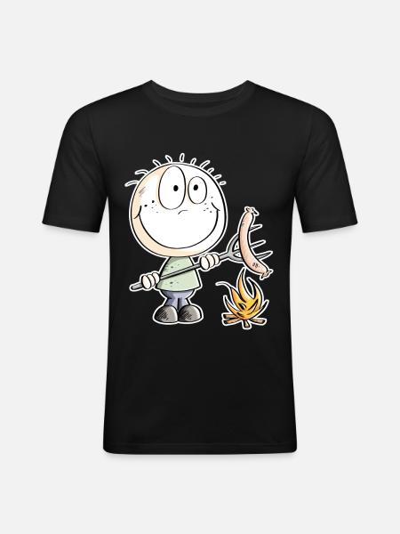 Funny sausage grilling stick figure - Men's Slim Fit T-Shirt - black