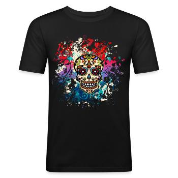 Sugar Skull, Totenkopf, Mexiko, Blumen, Schädel - Männer Slim Fit T-Shirt - Schwarz - Vorne - Nik (191cm)