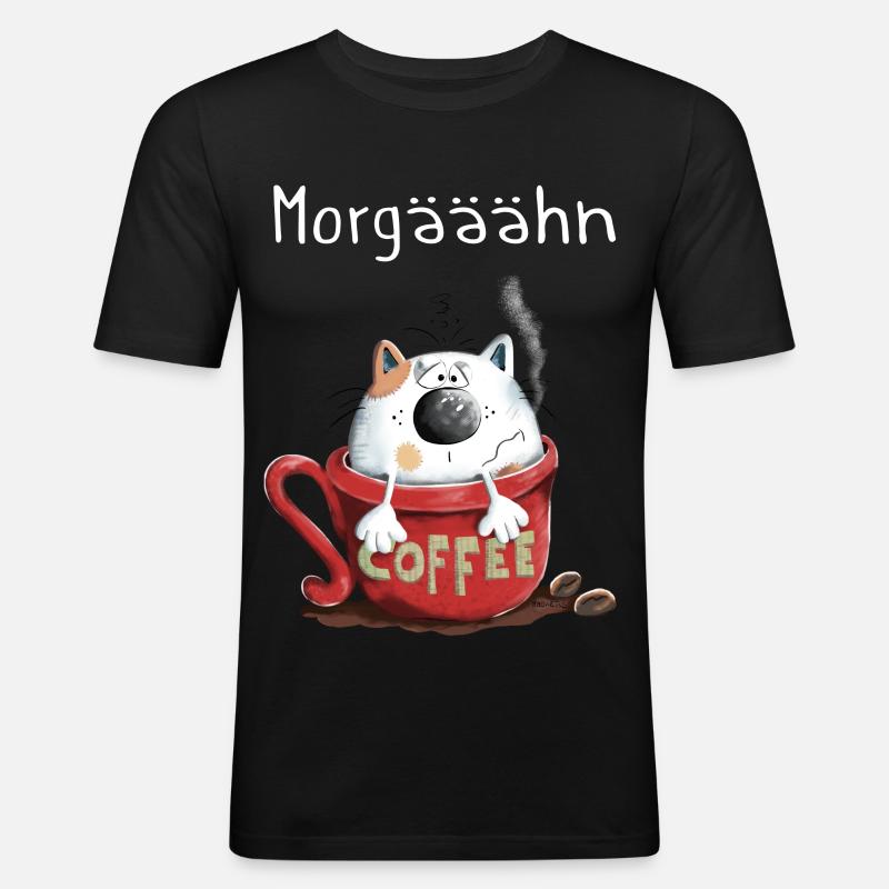 Morgähn Kaffee - Katze - Comic - Männer Slim Fit T-Shirt - Schwarz