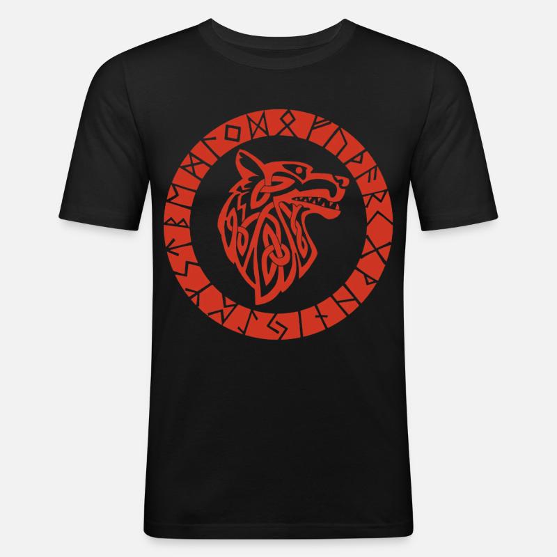 Wikinger-Emblem des Roten Wolfes - Männer Slim Fit T-Shirt - Schwarz