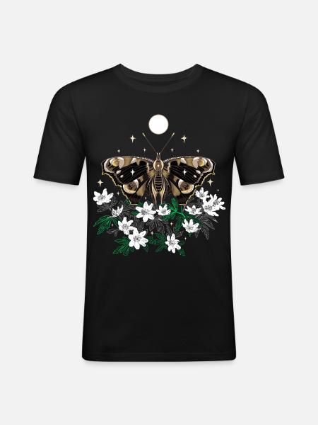 Motte Nachtfalter mit Buschwindröschen - Männer Slim Fit T-Shirt - Schwarz