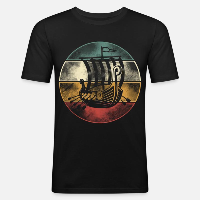 Wikinger Boot, Drachenboot Langschiff - Männer Slim Fit T-Shirt - Schwarz