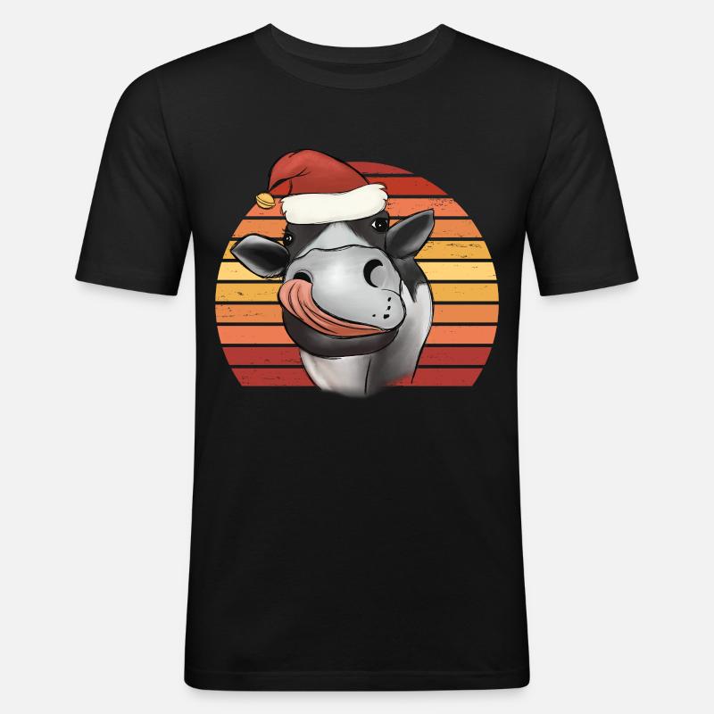 Weihnachtskuh Kuh mit Weihnachtsmütze Retro - Männer Slim Fit T-Shirt - Schwarz