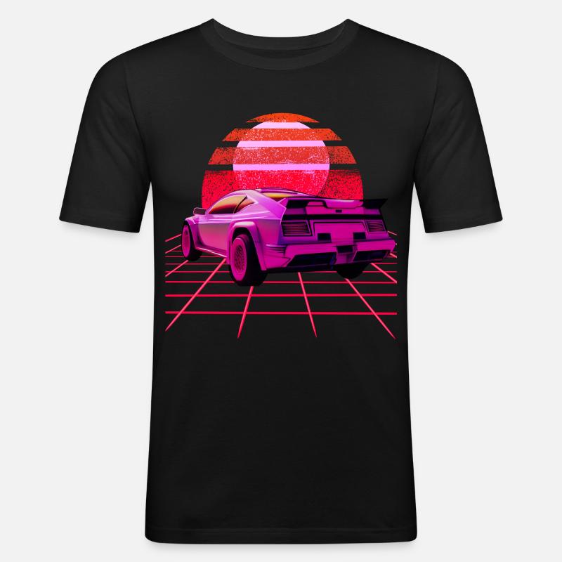 Retro Wave super Car Sunset - Männer Slim Fit T-Shirt - Schwarz