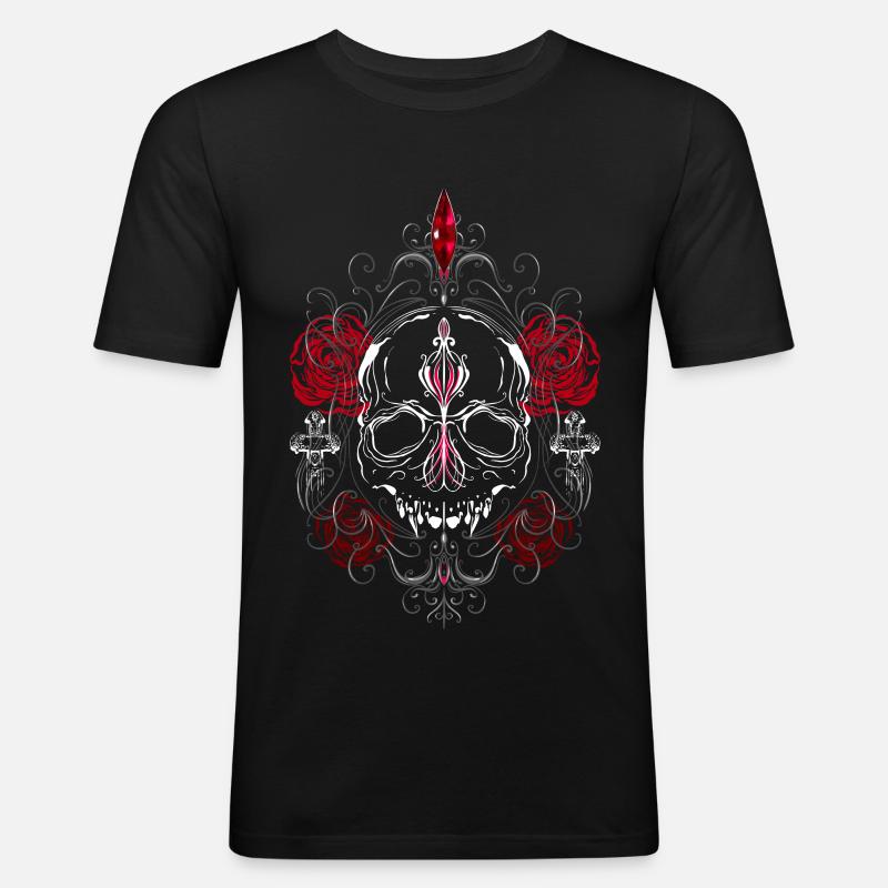 Skull with Red Roses Gothic Ästhetik - Männer Slim Fit T-Shirt - Schwarz