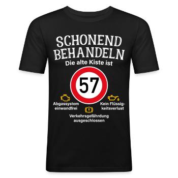 57. Geburtstag Schonend Behandeln 57 Alte Kiste 57 - Männer Slim Fit T-Shirt - Schwarz - Vorne - Nik (191cm)