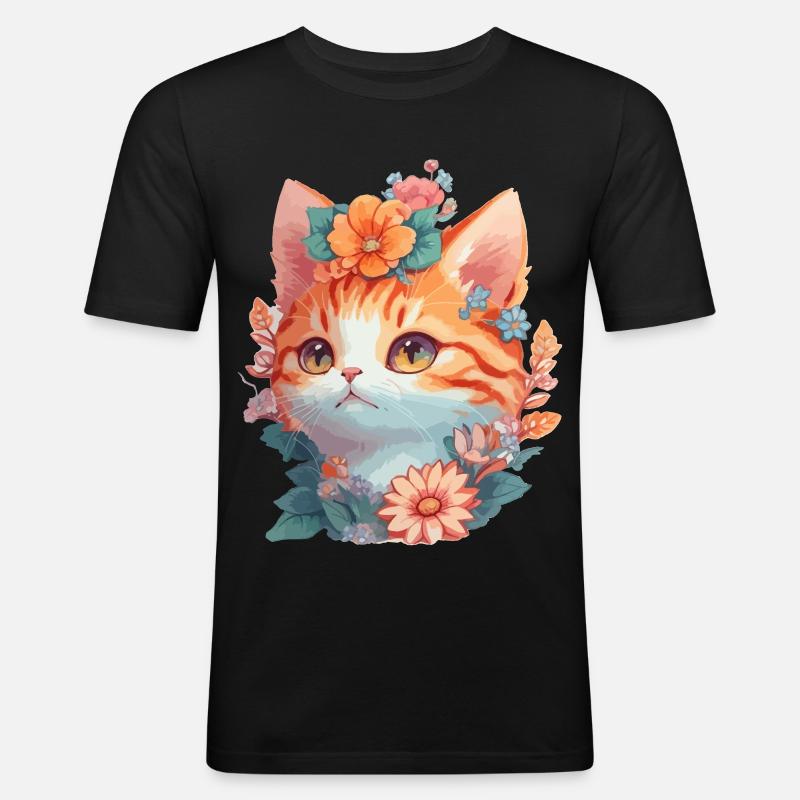 Rote Katze mit Blumen - Männer Slim Fit T-Shirt - Schwarz