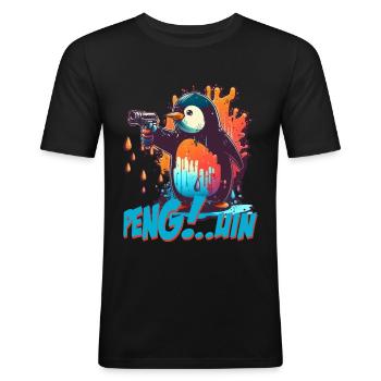 Stylo.. Guin Penguin avec pistolet - T-shirt près du corps Homme - noir - Devant - Nik (191cm)
