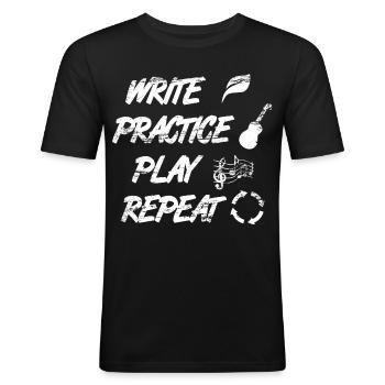 Écrire Pratique Jouer Répéter - T-shirt près du corps Homme - noir - Devant - Nik (191cm)