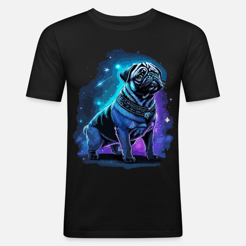 Neon Mops Hund Mitternachtszauber - Männer Slim Fit T-Shirt - Schwarz