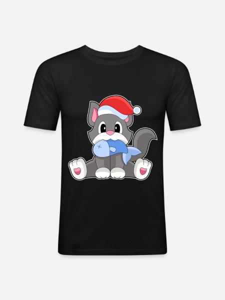 Chat Poisson De Noël - T-shirt près du corps Homme - noir