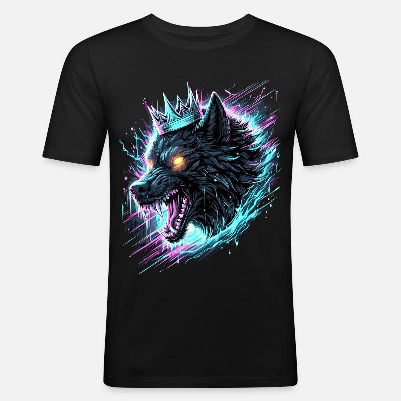 Königlicher Wolf Synthwave - Männer Slim Fit T-Shirt - Schwarz