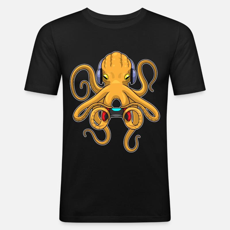 Krake Gamer Controller - Männer Slim Fit T-Shirt - Schwarz