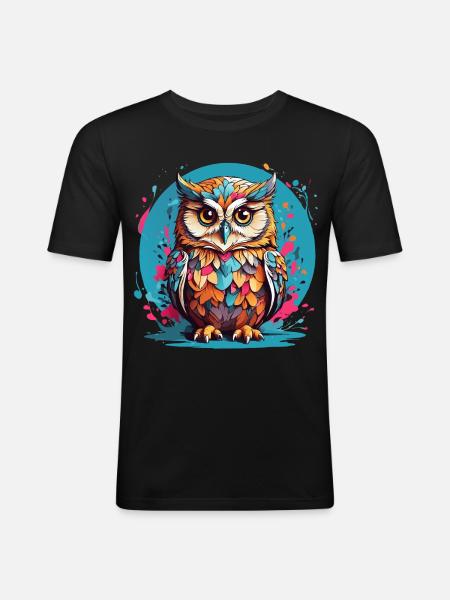 Liebenswerte Eule auf Farbklecksen - Männer Slim Fit T-Shirt - Schwarz