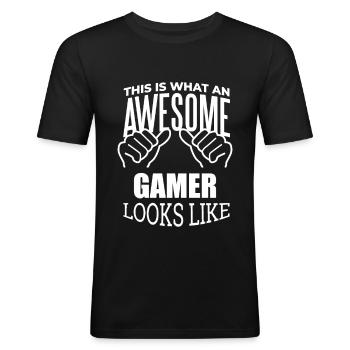 Spiel - Männer Slim Fit T-Shirt - Schwarz - Vorne - Nik (191cm)