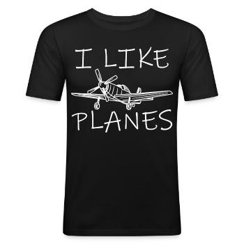 Ich mag Flugzeuge - Männer Slim Fit T-Shirt - Schwarz - Vorne - Nik (191cm)