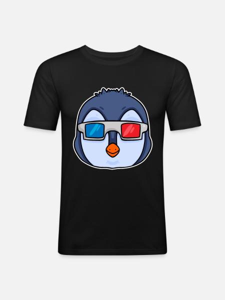 Pinguin 3D Brille Kino - Männer Slim Fit T-Shirt - Schwarz