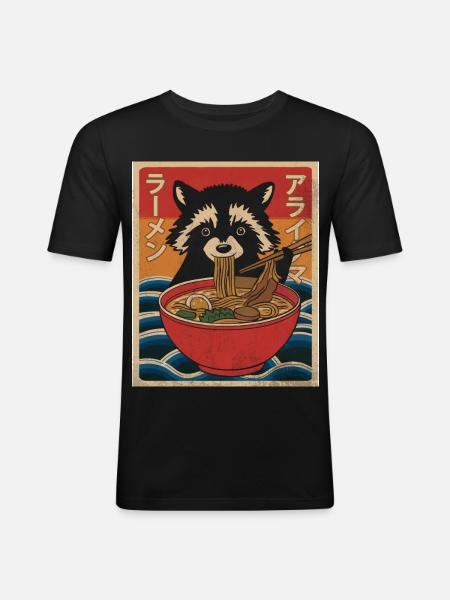 Kawaii Raccoon Ramen Funny Japanese Anime - Men's Slim Fit T-Shirt - black