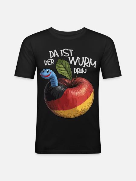 Wurm im Apfel mit Spruch - Männer Slim Fit T-Shirt - Schwarz