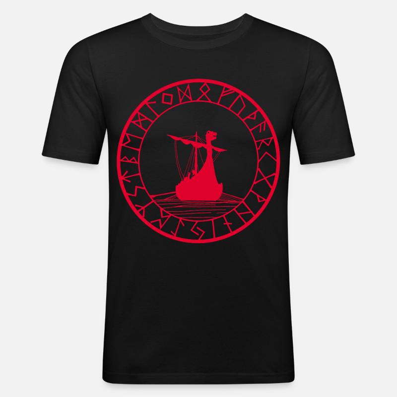 Rotes Wikinger-Langschiff und Kompass - Männer Slim Fit T-Shirt - Schwarz