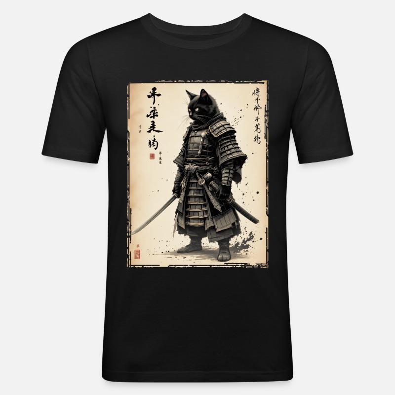 Samurai Katze, Japanischer Krieger & Kämpfer - Männer Slim Fit T-Shirt - Schwarz