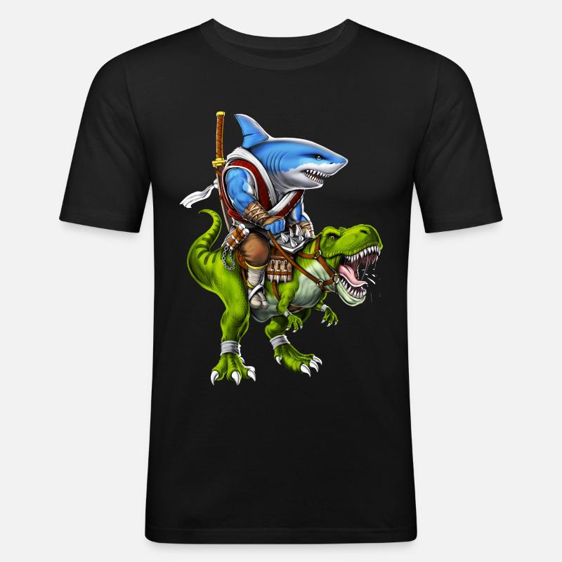 Shark Samurai Riding T-Rex Dinosaur - Men's Slim Fit T-Shirt - black