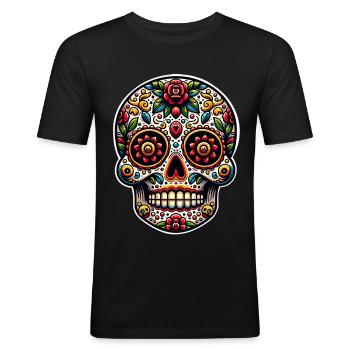 Mexikanischer Totenkopf Día De Muertos Sugar Skull - Männer Slim Fit T-Shirt - Schwarz - Vorne - Nik (191cm)