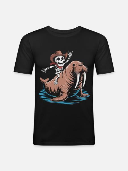 Skeleton cowboy on walrus - Men's Slim Fit T-Shirt - black