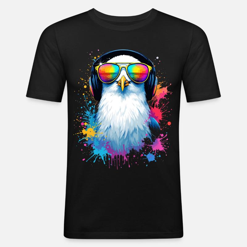 Bunte Möwe Vogel mit Kopfhörer Sonnenbrille - Männer Slim Fit T-Shirt - Schwarz