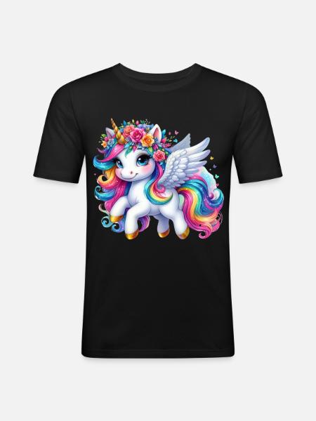 Regenbogen geflügelte Einhornkrone - Männer Slim Fit T-Shirt - Schwarz