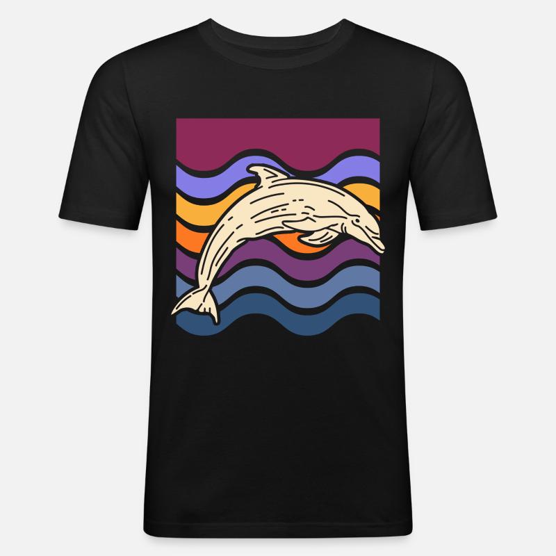 Delfin auf farbigen Wellen - Männer Slim Fit T-Shirt - Schwarz