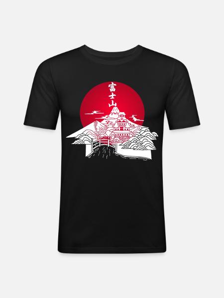 White Japanese Landscape and Red Sun - Men's Slim Fit T-Shirt - black