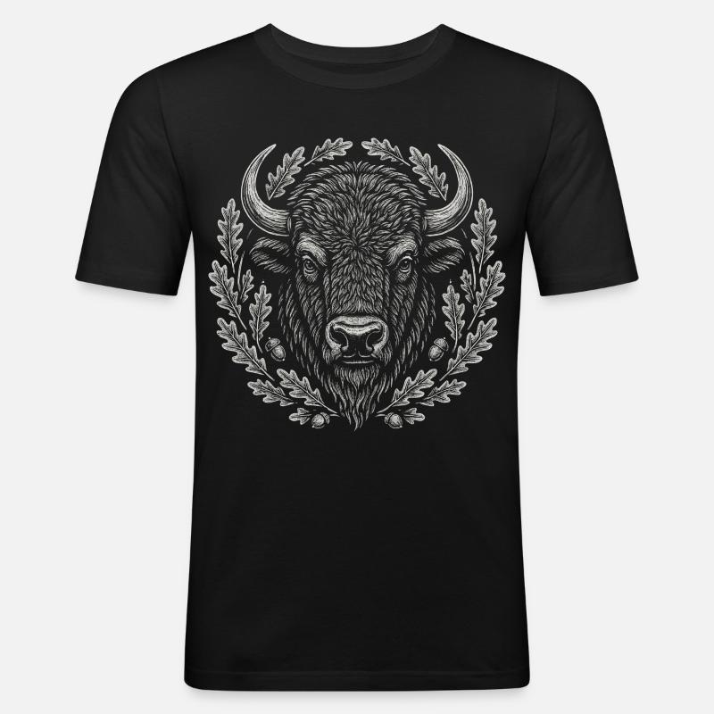 Europäischer Bison mit Eichenkranz Kunst - Männer Slim Fit T-Shirt - Schwarz