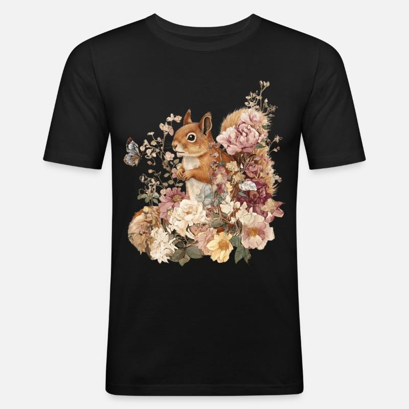 Eichhörnchen, Tier, Blumen, Schmetterlinge - Männer Slim Fit T-Shirt - Schwarz