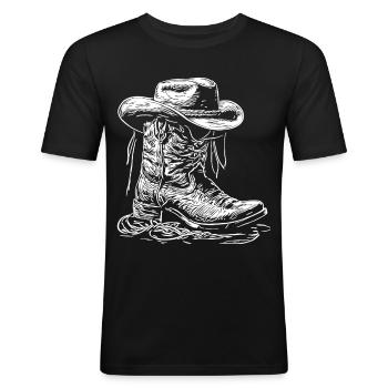 Western Stiefel Linienbild - Männer Slim Fit T-Shirt - Schwarz - Vorne - Nik (191cm)