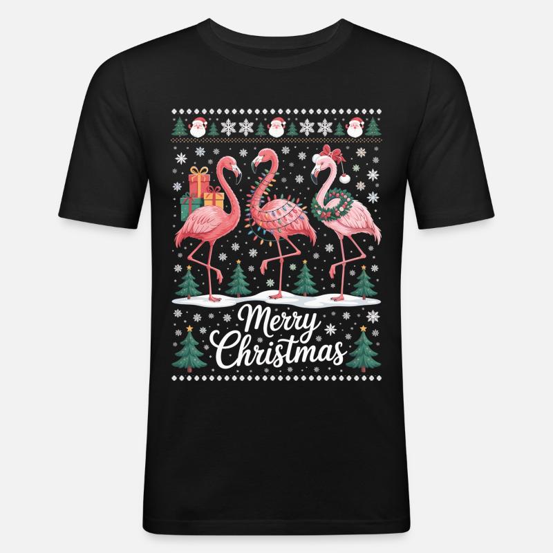 Weihnachtsflamingos mit Schneeflocken und Deko - Männer Slim Fit T-Shirt - Schwarz