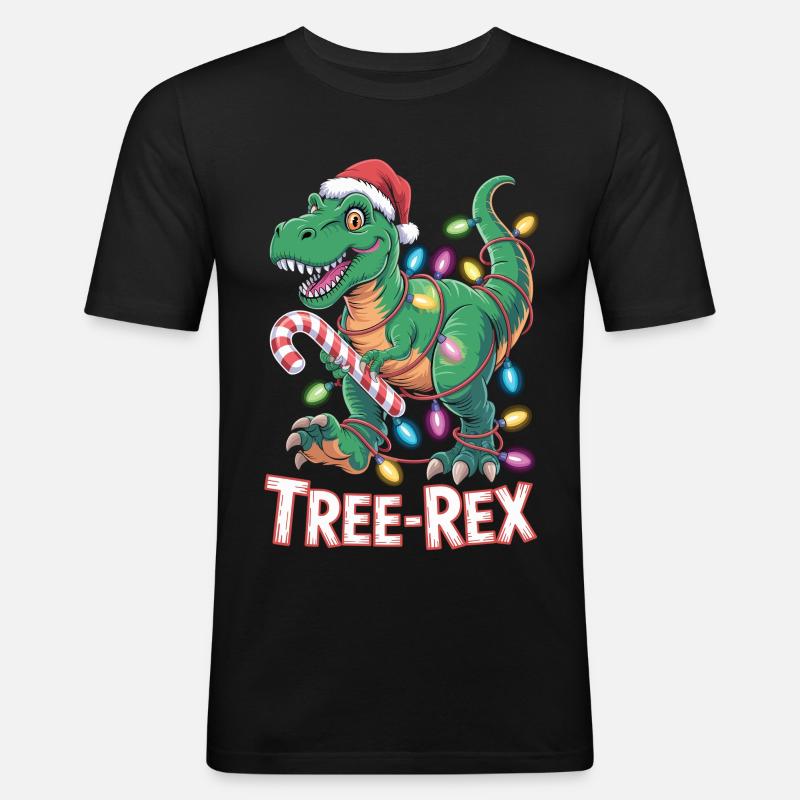 Tree-Rex Dinosaurier - T-Rex mit Lichterkette - Männer Slim Fit T-Shirt - Schwarz