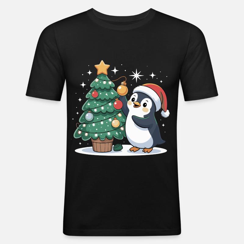 Pinguin schmückt Weihnachtsbaum - Männer Slim Fit T-Shirt - Schwarz