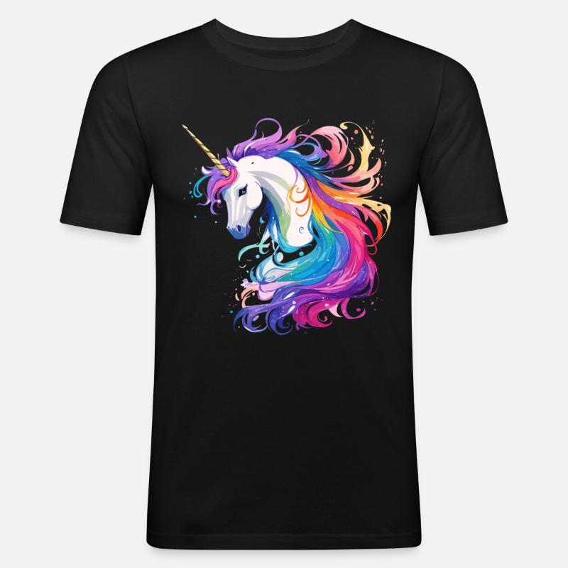 Regenbogen-Einhorn Kopf Portrait - Männer Slim Fit T-Shirt - Schwarz