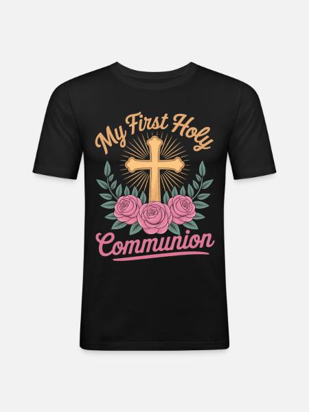 First Holy Communion Cross Roses - Men's Slim Fit T-Shirt - black
